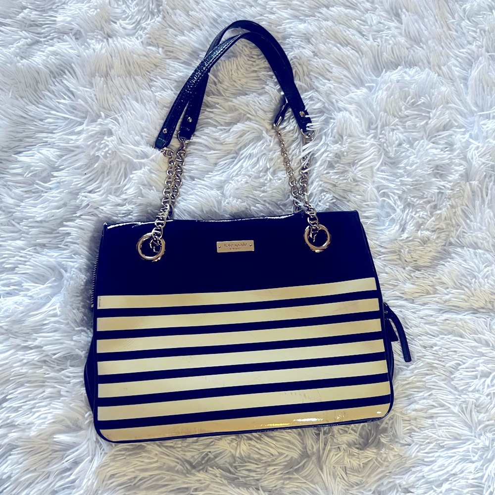 Kate Spade New York Navy Blue White Striped Gold Chain Purse Shoulder Bag